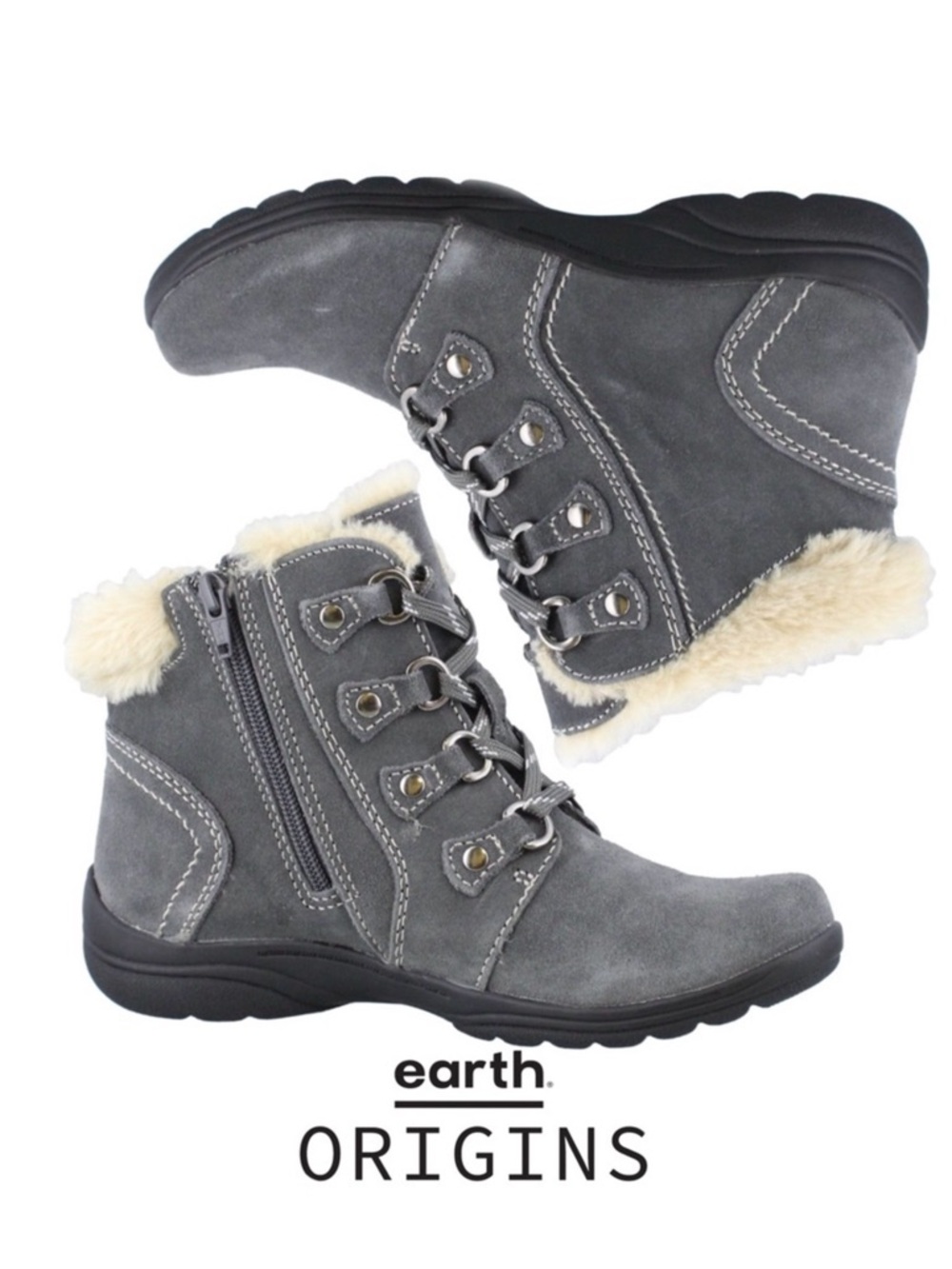 Earth Origins Crowley Ankle Boots, Gray Suede Faux Fur Lined Rain/Snow Sz 10 EUC